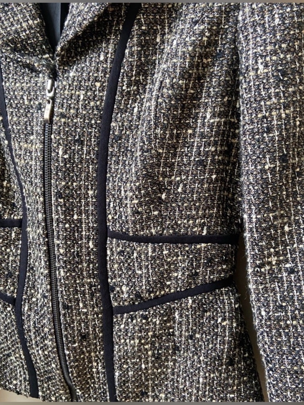 Textured Tweed Zip Jacket with Piped Trim